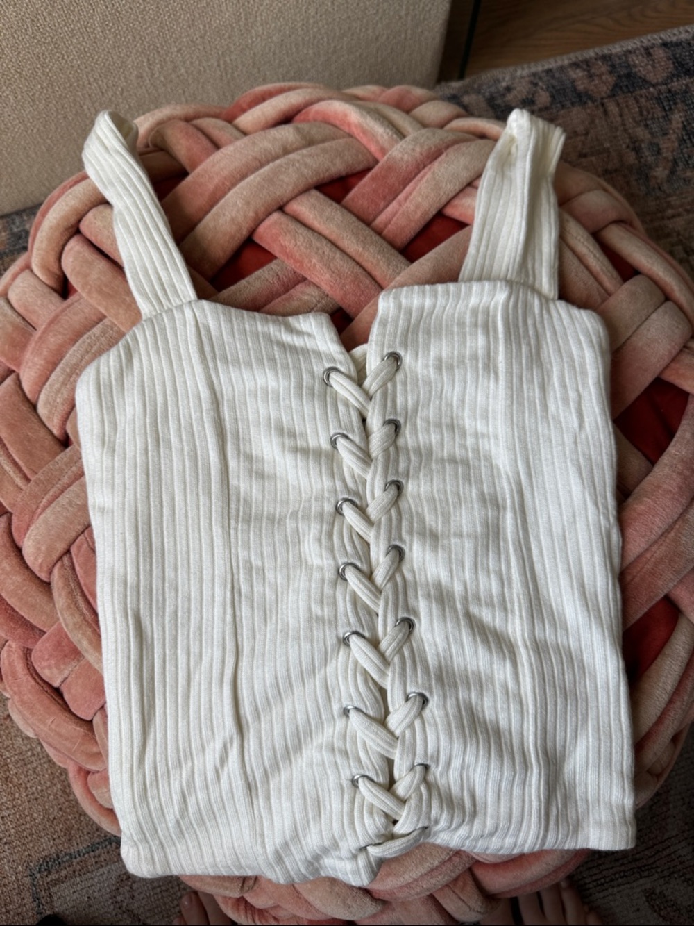 NWOT Reformation Ribbed Lace-Up Cream Tank Top - Picture 3 of 5
